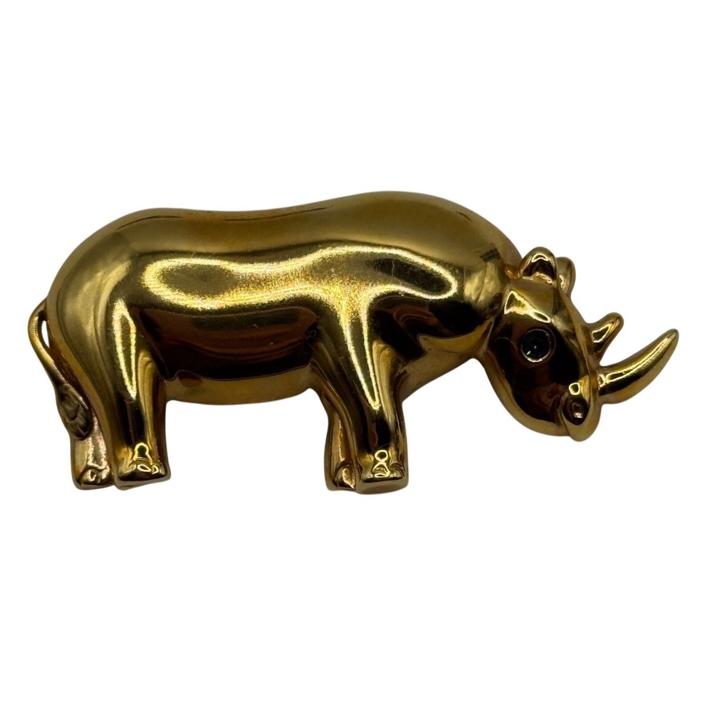 Vintage Krementz Rhino Brooch Rhinestone Eye Gold Tone Pin